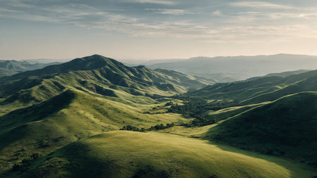 Aerial view of green grassy hills in the mountains at sunsetの写真素材