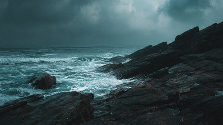 Beautiful seascape with stormy sea and rocks. Toned.の写真素材