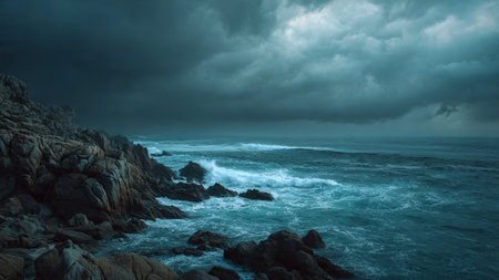 Stormy weather over the Atlantic Ocean in Portugal. Long exposure shot.