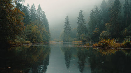Beautiful autumn landscape with river and forest in foggy morning.