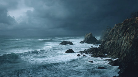 Stormy seascape with rocks and stormy waves. Long exposure.