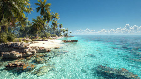 Panoramic view of a tropical beach with palm trees and rocks