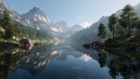 Panoramic view of the mountain lake with reflection in the water