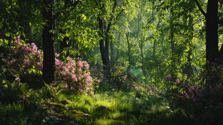 Rhododendron blooming in the forest. Spring landscape.