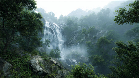 waterfall in the forest with fog in the morning,Thailand