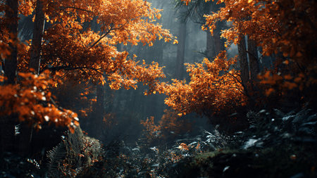 Autumn forest in the morning mist. Colorful autumn forest.