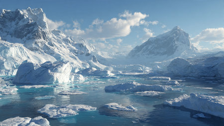 Antarctic landscape with icebergs and mountains. 3d render