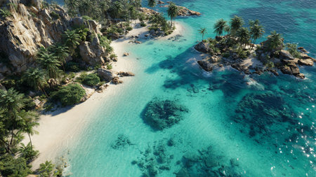 Aerial view of a tropical beach with palm trees and turquoise water