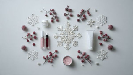 Winter cosmetics and snowflakes on a white background. Flat lay, top view.の写真素材