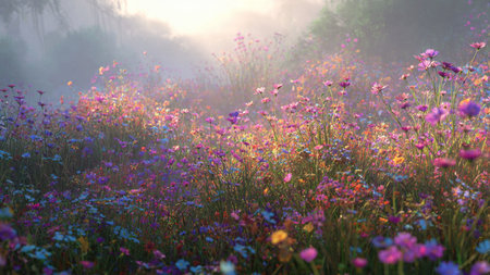 A vertical jungle landscape painted with splattered strokes shows mist climbing toward a sunlit leafy ceiling.の写真素材