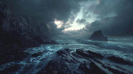 A dramatic seascape with stormy waves crashing against rocky cliffs under a dark, cloudy sky.