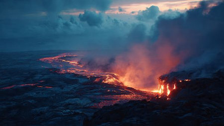 A vast savannah under deep orange sunset light.の写真素材