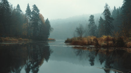 A snow-lined river winding through winter woods.の写真素材