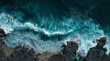 A serene ocean view with crashing waves and rocky shore.