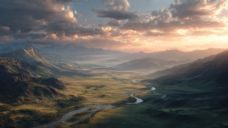 A rainbow arcing over a waterfall in a lush tropical jungle.の写真素材