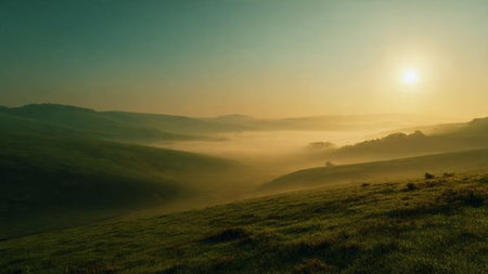 A grassy meadow glowing gold beneath the warm afternoon light.の写真素材