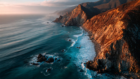 A glowing sunrise peeking over snowy mountain peaks.の写真素材