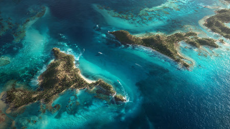 An aerial view of a tropical ocean with turquoise waters and white sand beaches.の写真素材