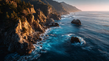 A golden wheat field dancing in the wind beneath a bright blue sky.の写真素材