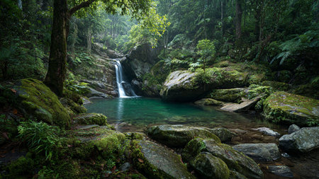 A light mist drifting through dense green forest.