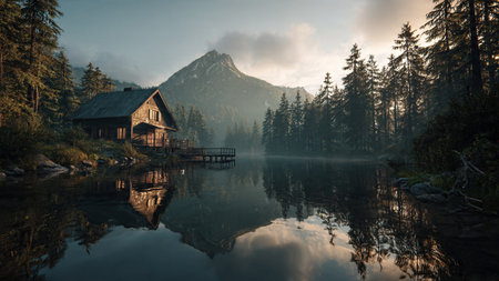 A quiet valley bathed in soft morning rays.の写真素材