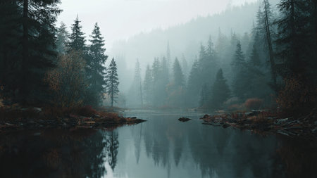 Heavy vibrant color splashes depict moss, water, and canopy in a striking vertical rainforest arrangement.の写真素材