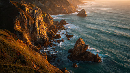 A peaceful cove where small waves lap gently against rocks.の写真素材