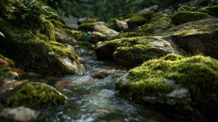 A green valley dotted with colorful wildflowers.の写真素材