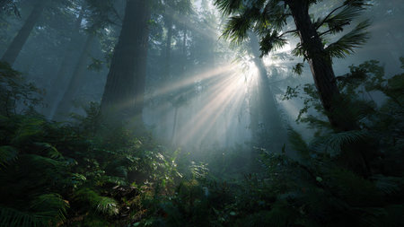 A dramatic waterfall plunging down rugged forest cliffs.