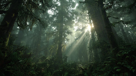 A wild forest drenched in warm sunset beams.