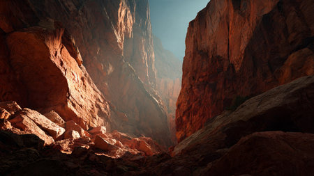 A deep canyon with rocky walls and a narrow path leading into the distance.の写真素材
