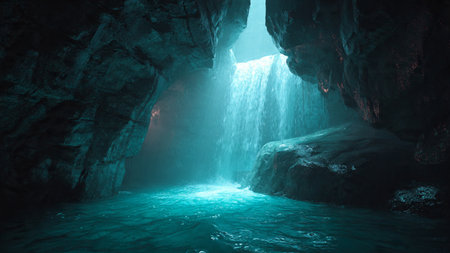 A dramatic waterfall in a dark cave with glowing water.