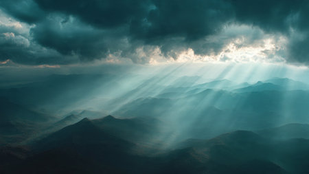 A peaceful countryside sunrise lighting up small cottages.の写真素材