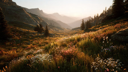 A cozy living area with beige walls, a mockup frame, floor-to-ceiling bookshelves, toys, and a golden glowing tree.の写真素材
