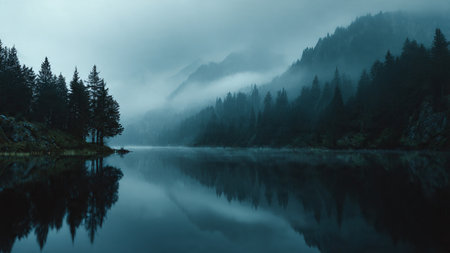 A peaceful pine forest filled with morning mist.の写真素材