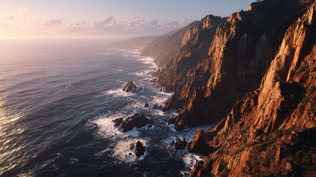 A warm American lounge with pastel blankets, evergreen garland, book-lined shelves, and a festive golden Christmas tree.の写真素材