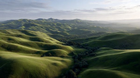 Clouds drifting slowly over bright green valleys.