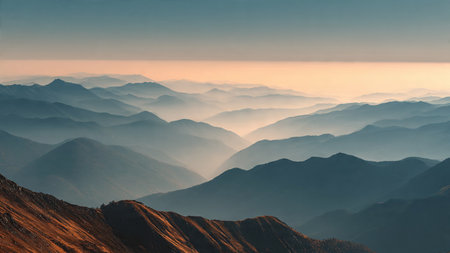 Snow-capped mountains reflecting perfectly on a mirror-still lake.の写真素材