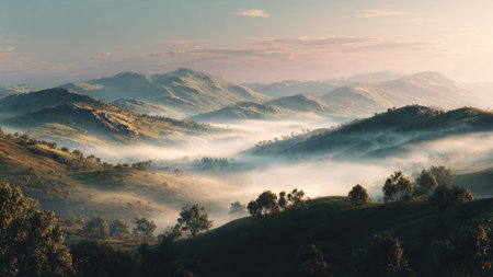 A soft, glowing horizon reflecting across silent water.の写真素材