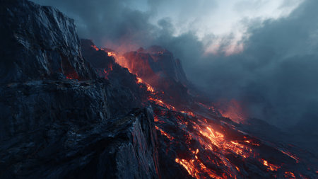 A glowing autumn forest blanketed in red and gold leaves.の写真素材