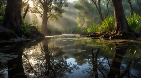 A glowing turquoise core defines the waterfall as its mist reaches toward the radiant canopy.の写真素材