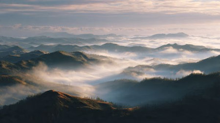 Mist rolling over a quiet forest at dawn.の写真素材