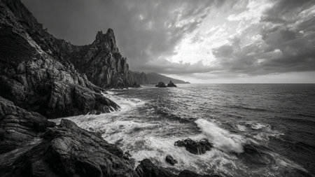 A rugged coastline where crashing waves collide with rocky cliffs under a dramatic sky.