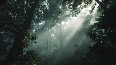 A dramatic waterfall plunging down rugged forest cliffs.の写真素材