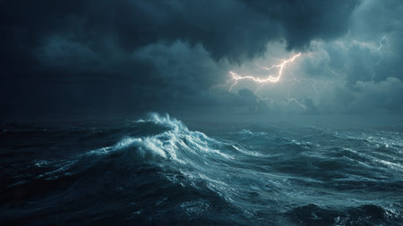 A stormy ocean with crashing waves and lightning in the sky.