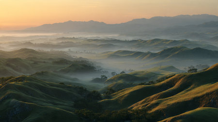 A peaceful countryside sunrise lighting up small cottages.の写真素材