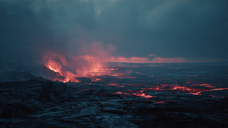 A vast savannah under deep orange sunset light.の写真素材