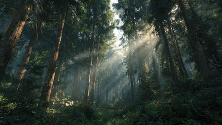 A forest canopy with sunlight streaming through tall ancient trees.の写真素材