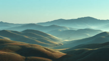 A peaceful coastline where gentle waves shimmer under the soft morning sun.の写真素材
