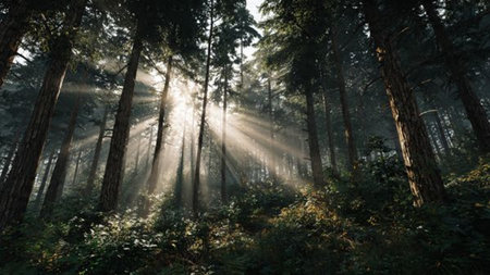 A wild forest drenched in warm sunset beams.